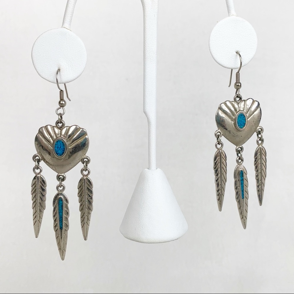 Turquoise Inlay Silver Heart & Feathers Earrings